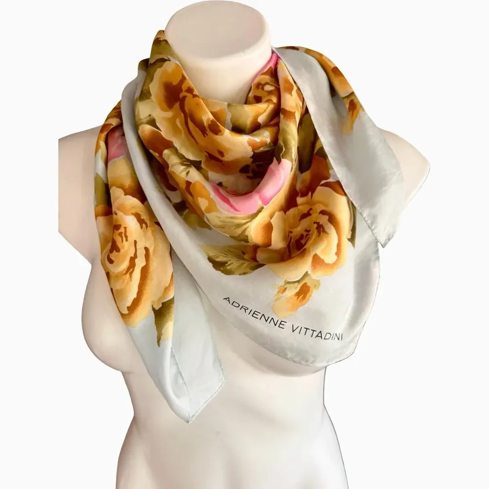 Vintage Adrienne Vittadini Silk Scarf 1990s Gold Pink Rose Floral 34 Square